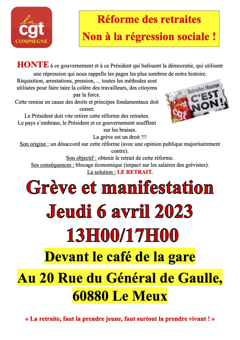 Flyer « Réforme des retraites : non à la régression sociale » - UL CGT Compiègne, 6 avril 2023