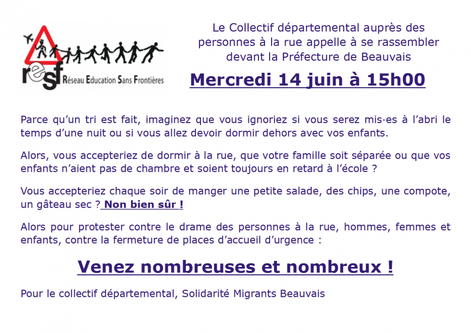 14 juin, Beauvais - Rassemblement à l'appel du Collectif départemental auprès des personnes à la rue