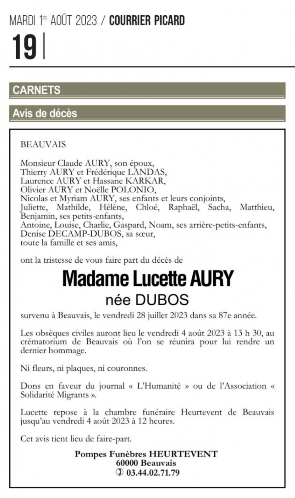 20230801-CP-Avis de décès-Lucette Aury