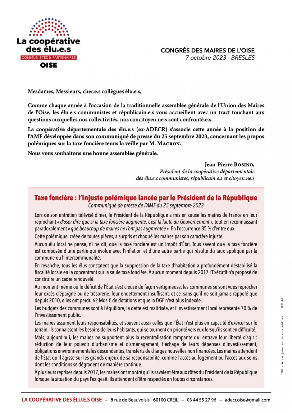 Tract distribué à l'occasion du congrès de l'Union des Maires de l'Oise - Coopérative des élu·e·s Oise, 7 octobre 2023