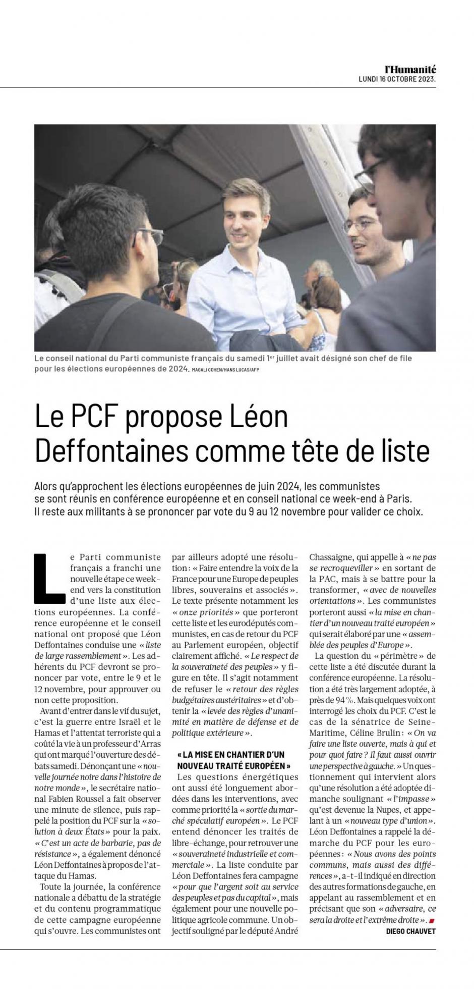 20231016-L'Huma-France-E2024-Le PCF propose Léon Deffontaines comme tête de liste