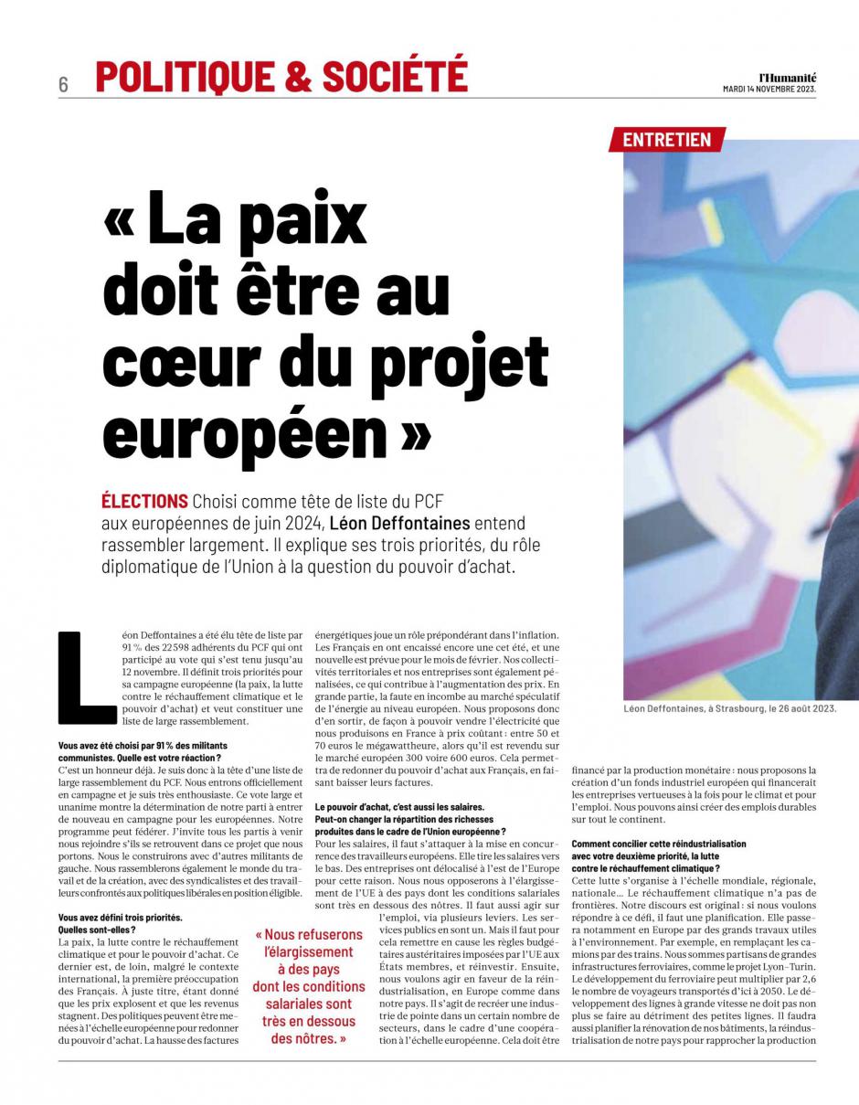 20231114-L'Huma-France-Léon Deffontaines : « la paix doit être au cœur du projet européen »