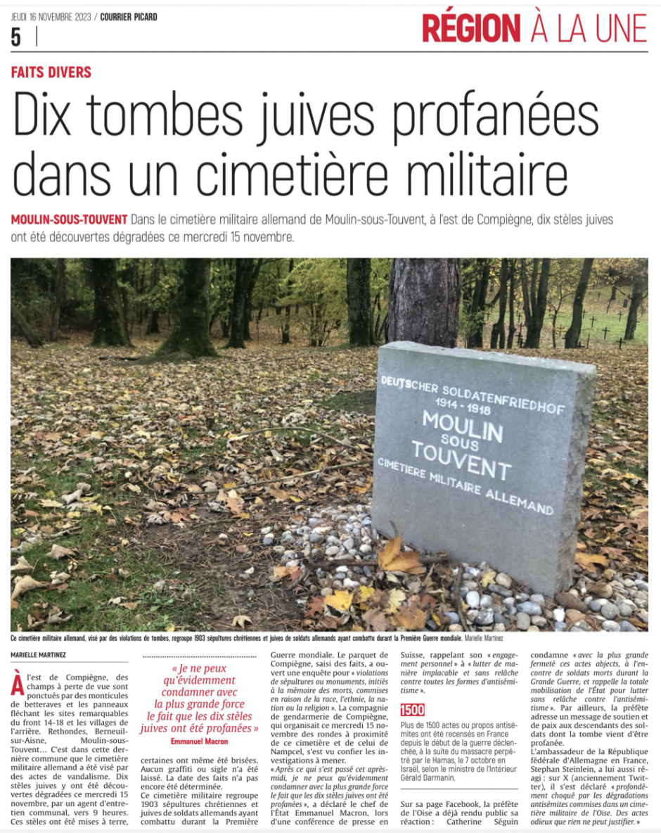 20231116-CP-Moulin-sous-Touvent-Dix tombes juives profanées dans un cimetière militaire [Pages régionales]