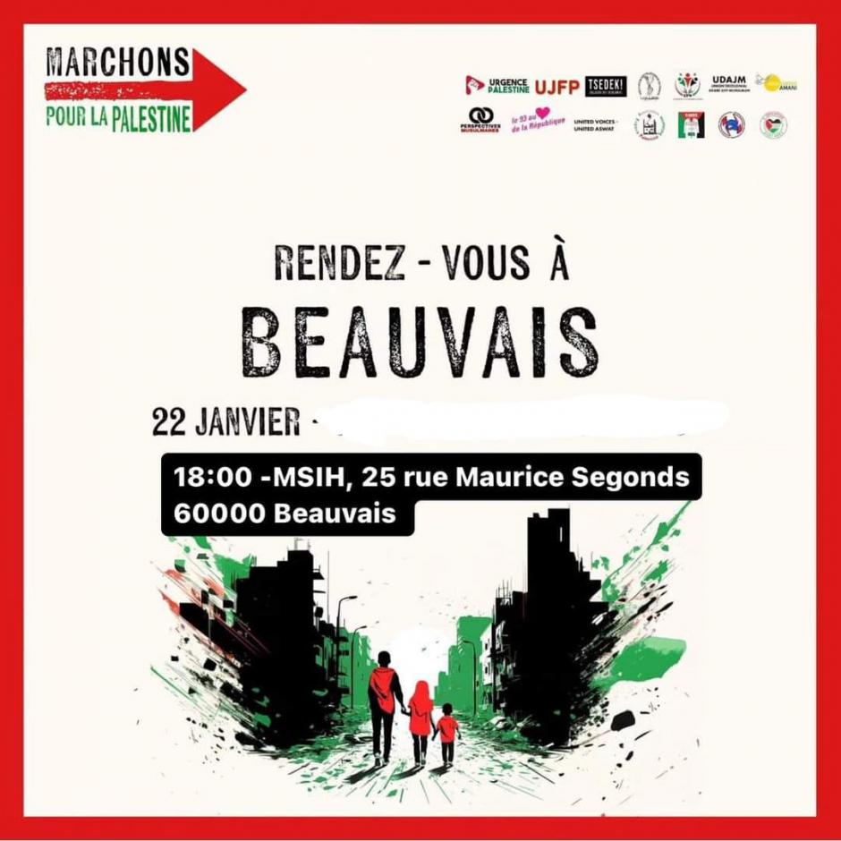 22 janvier, Beauvais - Accueil de la Marche de Paris à Bruxelles, en solidarité avec Gaza et le peuple palestinien