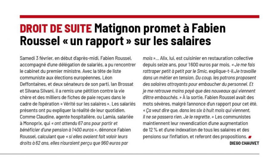 20240205-L'Huma-Paris-Droit de suite : Matignon promet à Fabien Roussel « un rapport » sur les salaires