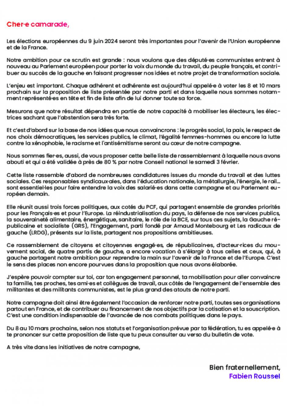 Élections européennes du 9 juin 2024 : lettre de Fabien Roussel aux adhérent·e·s - PCF, 8 février 2024