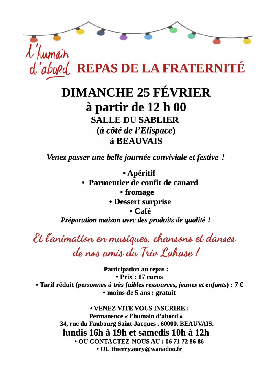 Flyer « Invitation au repas de la Fraternité » - L'humain d'abord Beauvais, 25 février 204
