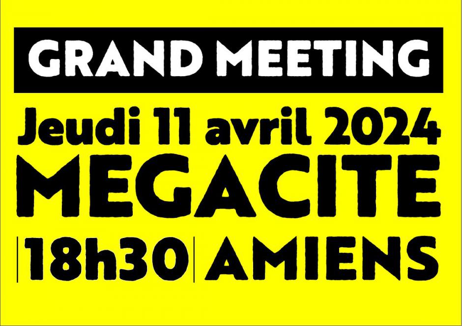 Bandeau du meeting de La gauche unie pour le monde du travail, avec Léon Deffontaines - Amiens, 11 avril 2024