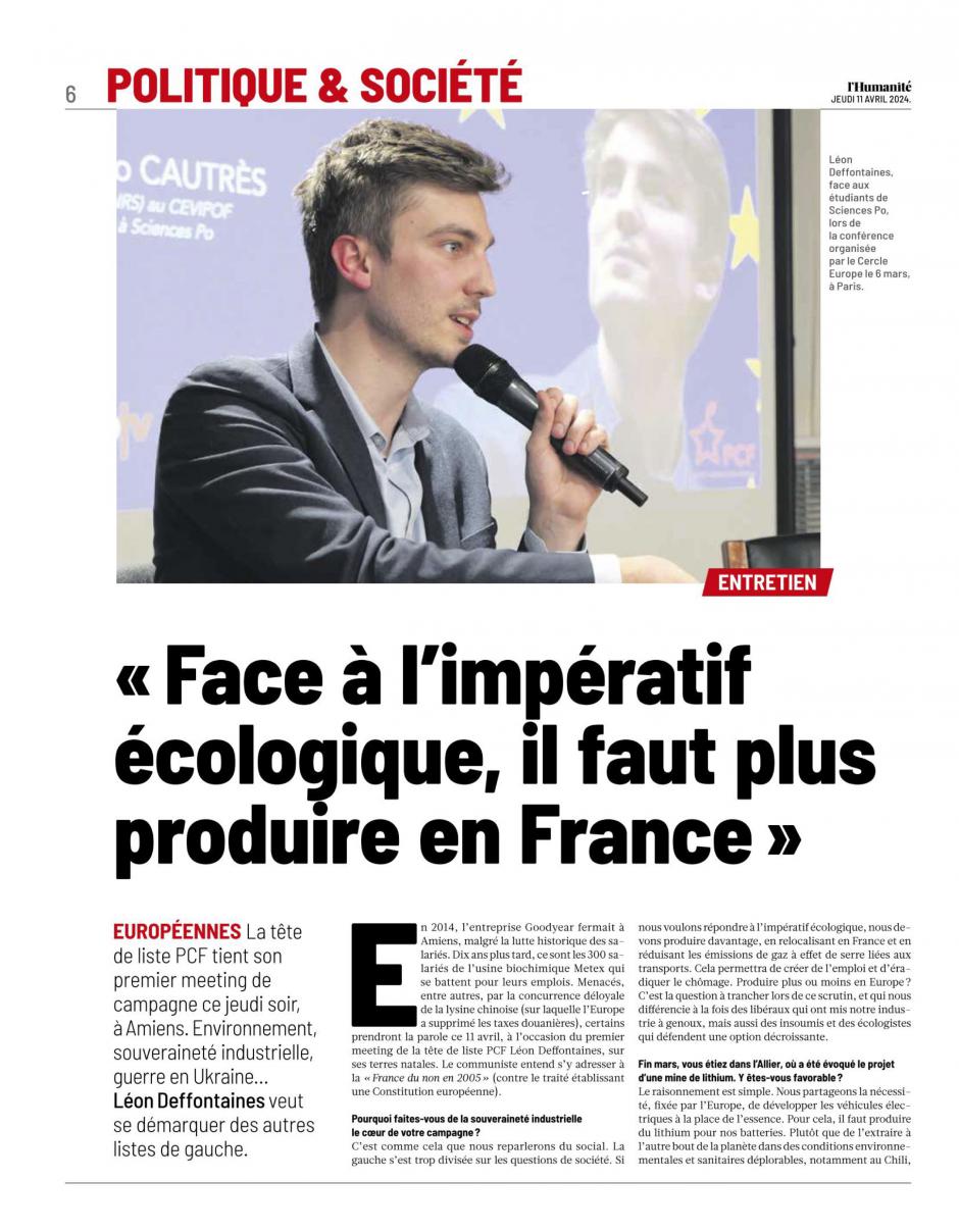 20240411-L'Huma-France-Léon Deffontaines : « Face à l'impératif écologique, il faut plus produire en France »