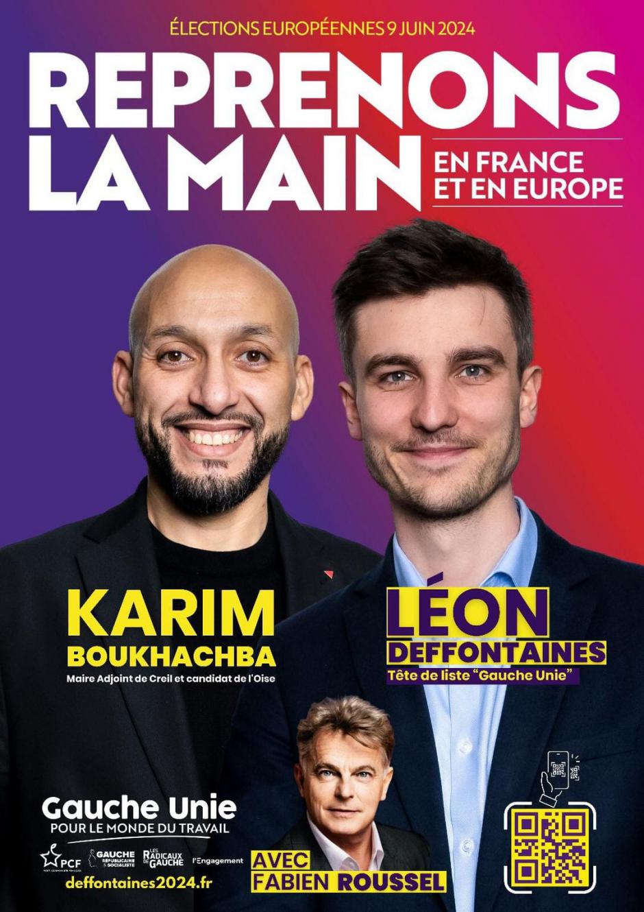Affiche « Reprenons la main en France et en Europe avec Karim Boukhachba et Léon Deffontaines » - PCF Oise, 23 avril 2024