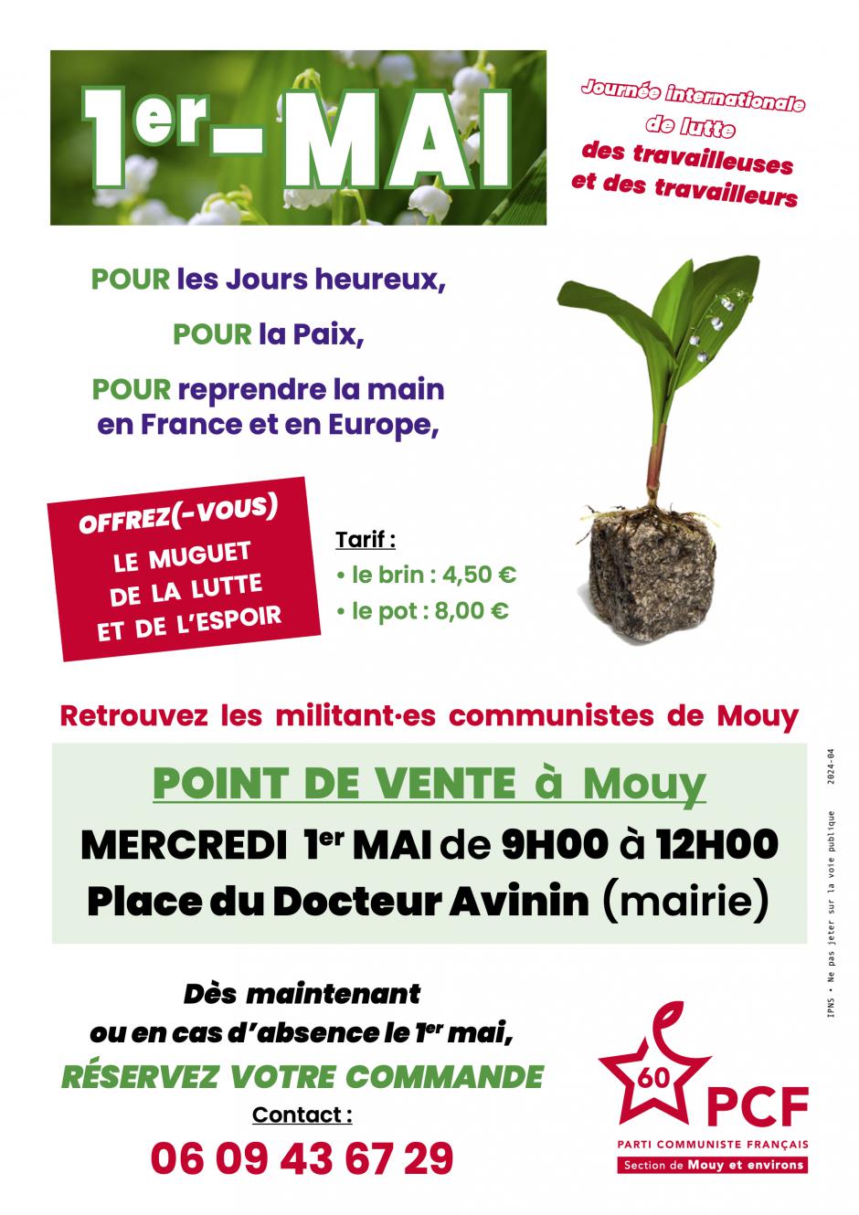 Flyer « Le 1er-Mai, offrez(-vous) le muguet de la lutte et de l'espoir » - PCF Mouy, 12 avril 2024