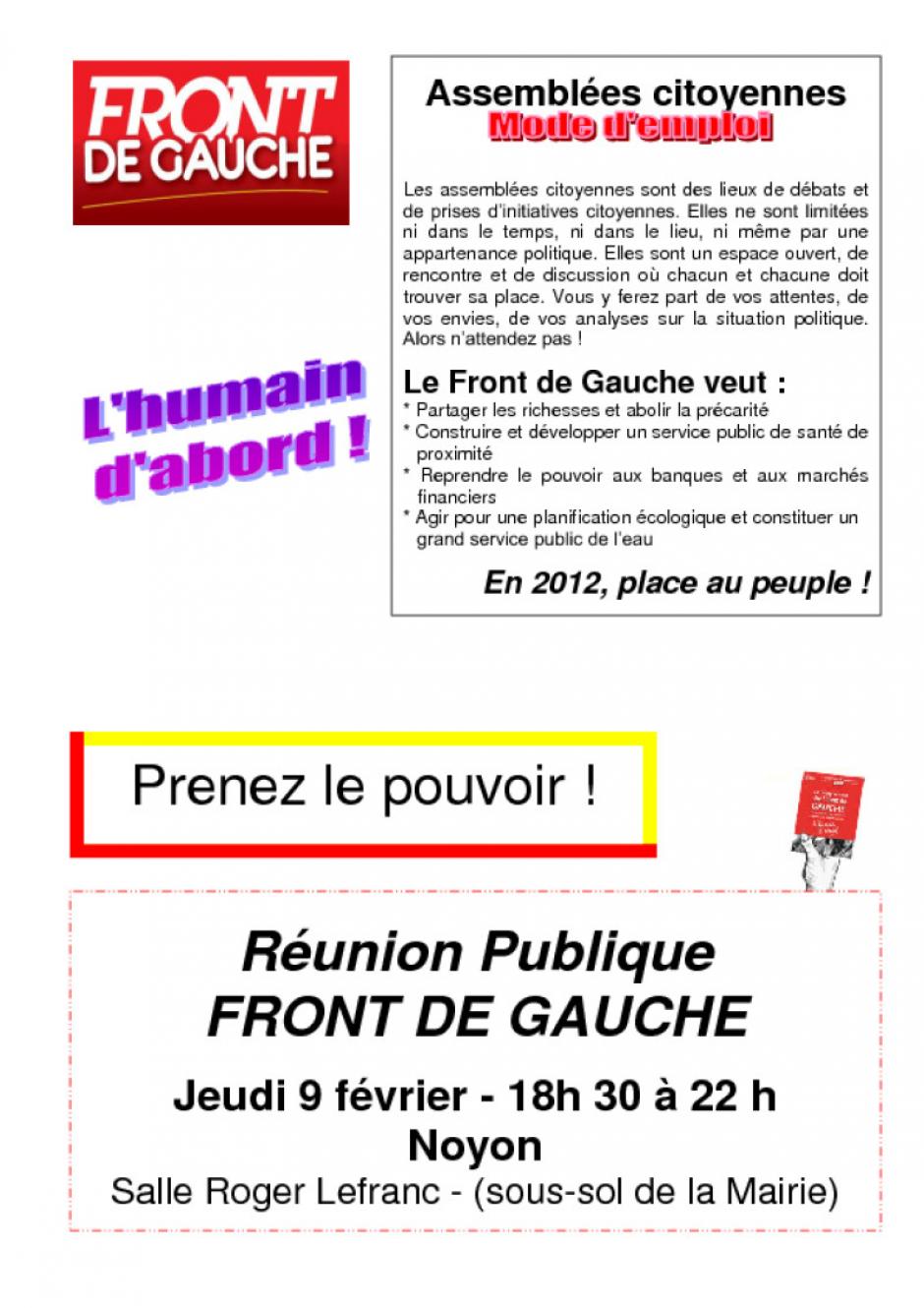 Tract d'invitation à l'assemblée citoyenne du Front de gauche - Noyon, 9 février 2012