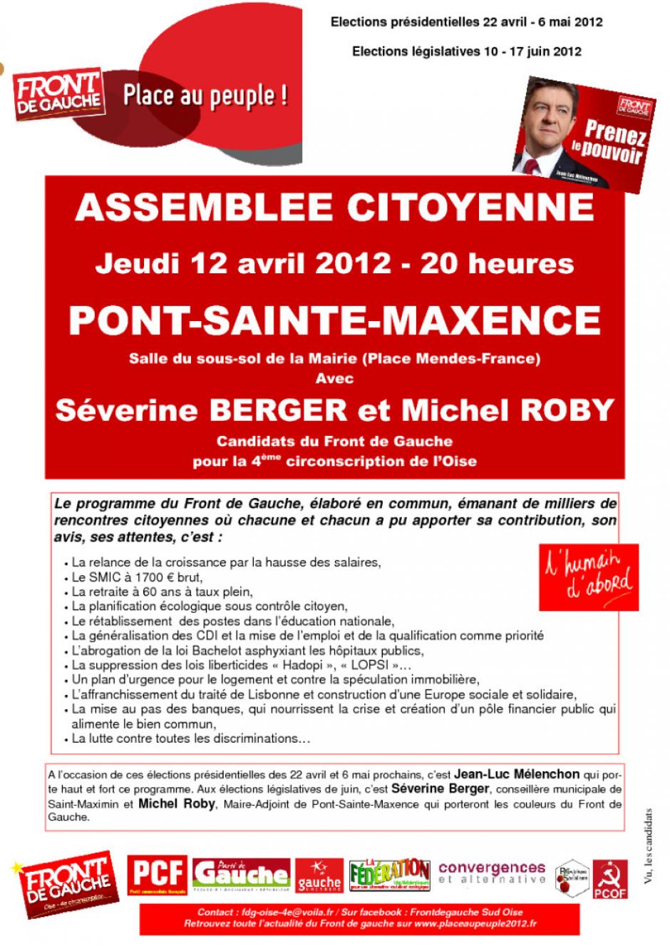 12 avril, Pont-Sainte-Maxence - Assemblée citoyenne du Front de gauche - Affiche