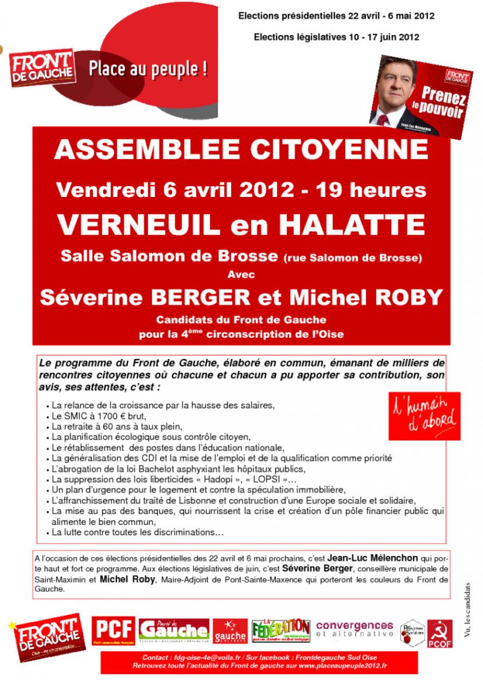 6 avril, Verneuil-en-Halatte - Assemblée citoyenne du Front de gauche - Affiche