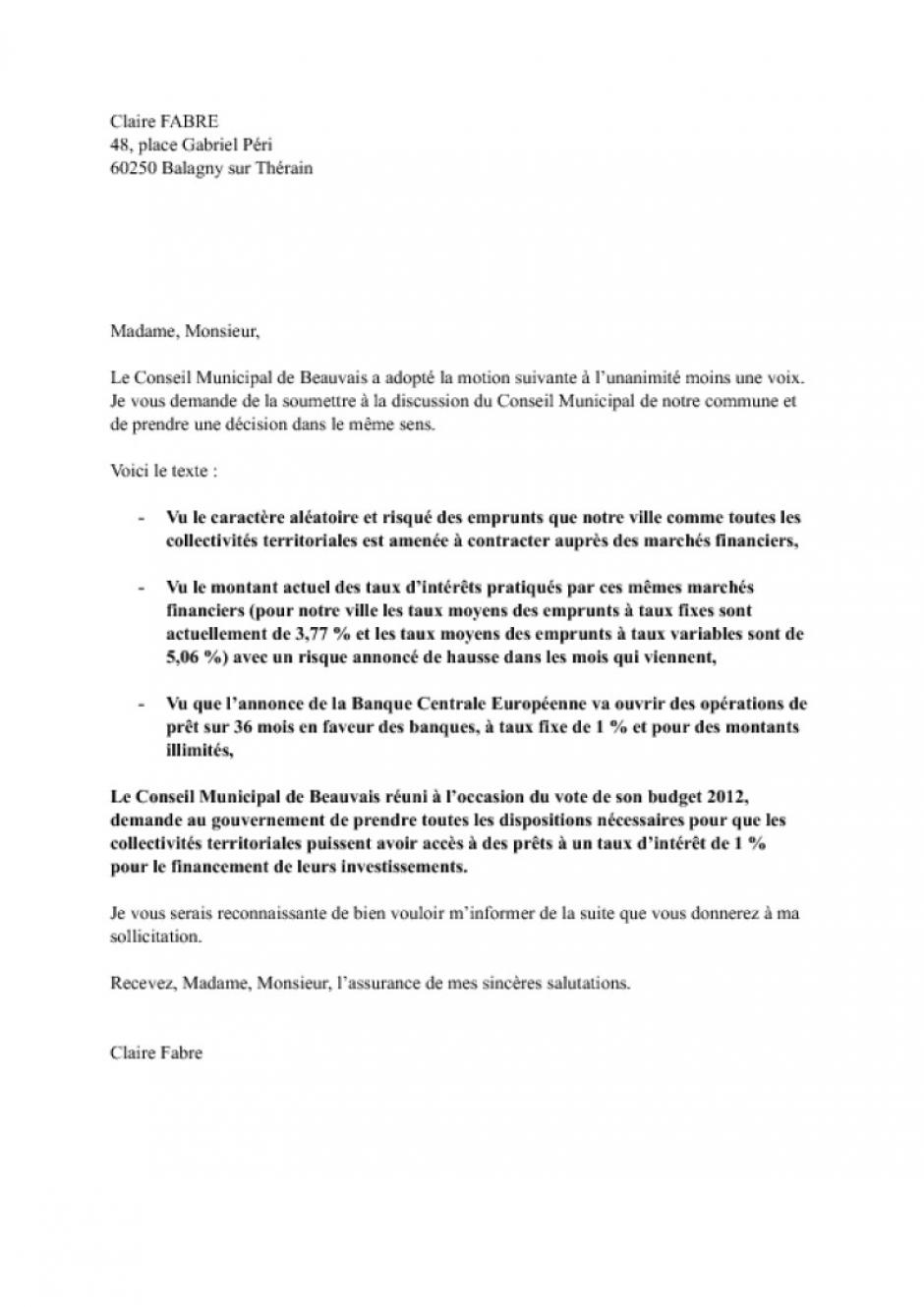 Nouvelle adoption à l'unanimité par un conseil municipal de droite d'une délibération sur les emprunts à 1 % - Balagny-sur-Thérain, janvier 2012
