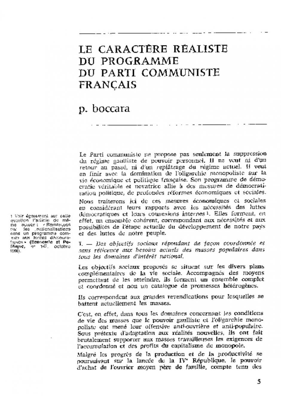 Remarques sur les  nationalisations, dans un  programme commun  aux forces démocratiques. Dec 1966- Janv 67.