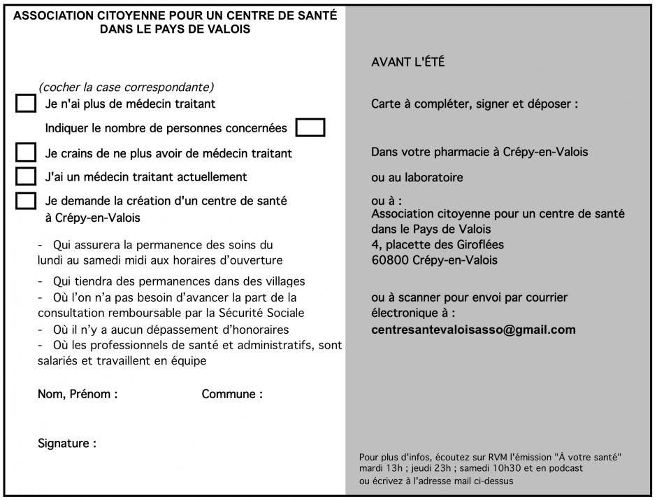 Carte-pétition pour la création d'un centre de santé à Crépy-en-Valois - Mars 2019