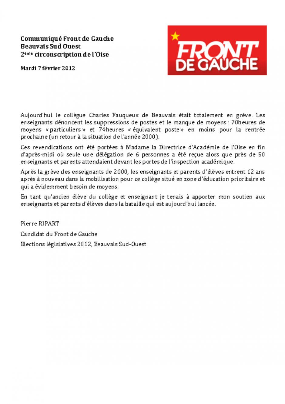Communiqué de presse de Pierre Ripart concernant la suppression de postes au collège Fauqueux - Beauvais, 7 février 2012