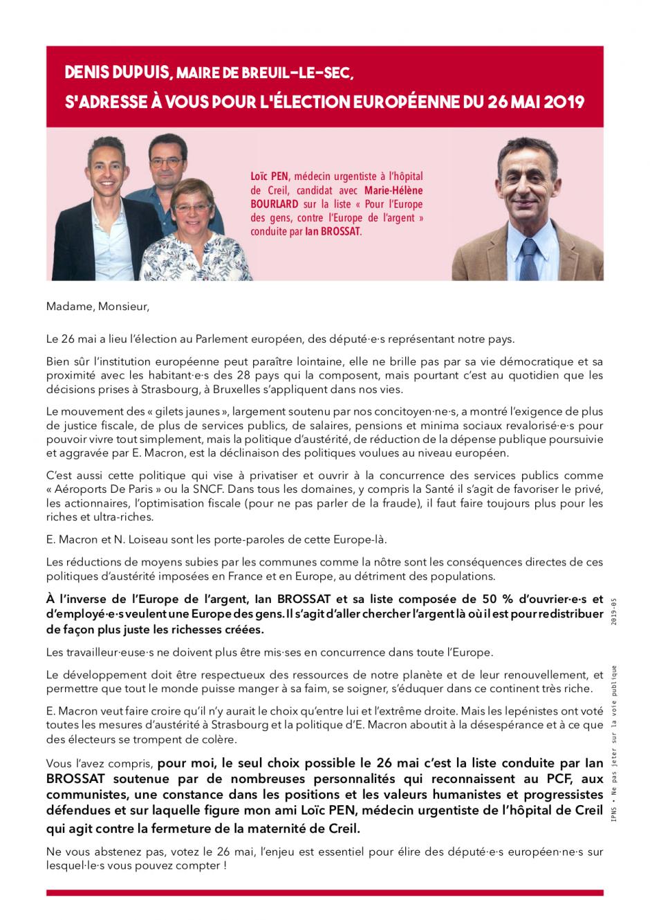 Appel à voter de Denis Dupuis, maire de Breuil-le-Sec, pour la liste conduite par Ian Brossat - Élections européennes, 26 mai 2019