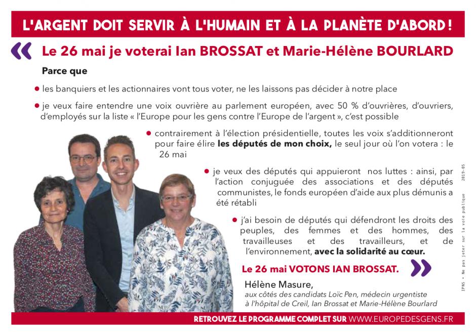 Appel à voter de Hélène Masure à Crépy-en-Valois pour la liste conduite par Ian Brossat - Élections européennes, 26 mai 2019