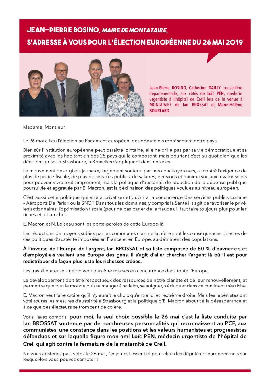 Appel à voter de Jean-Pierre Bosino, maire de Montataire, pour la liste conduite par Ian Brossat - Élections européennes, 26 mai 2019
