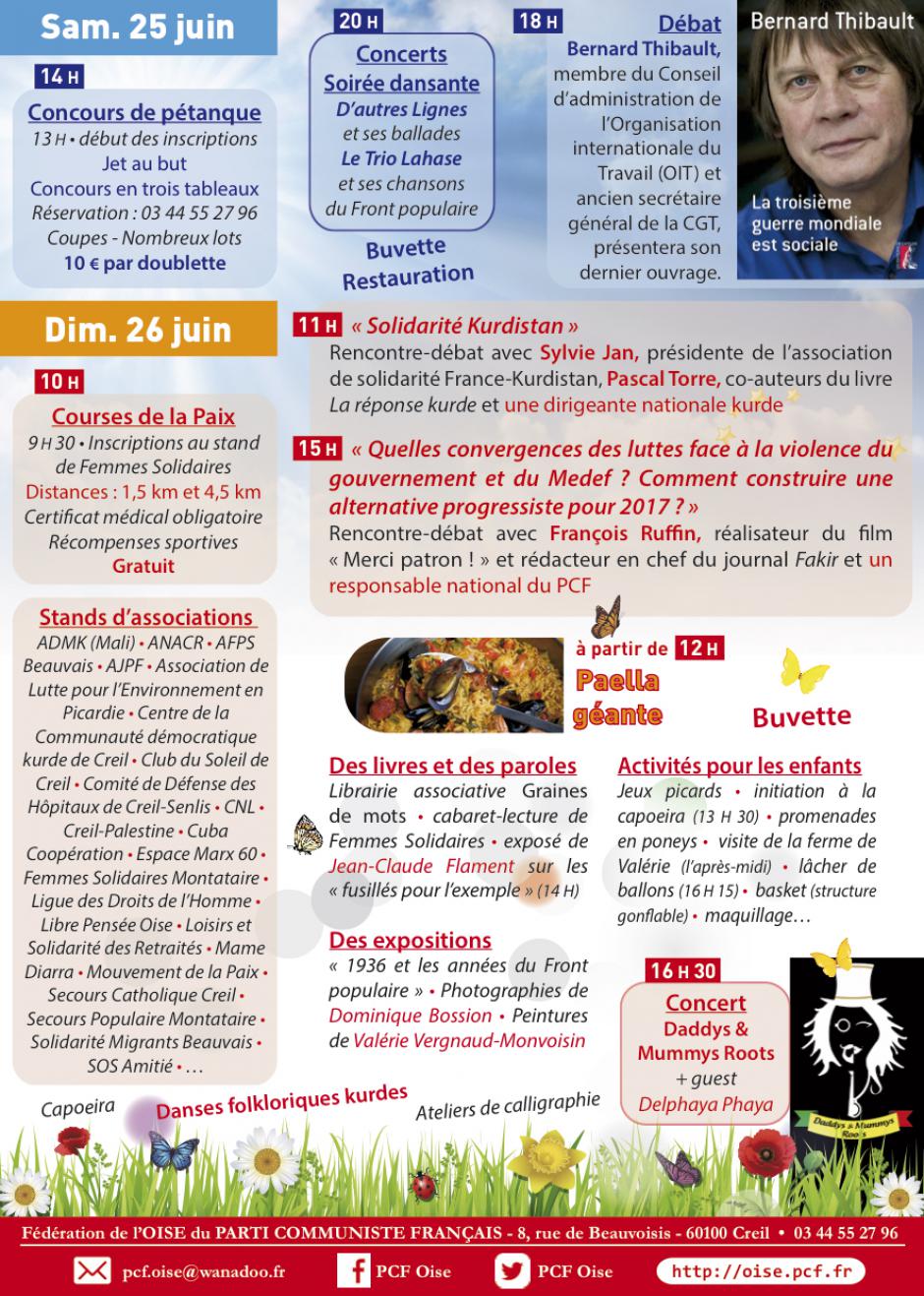 Flyer de l'édition 2016 de la Fête de la Paix - PCF Oise, 25 & 26 juin 2016