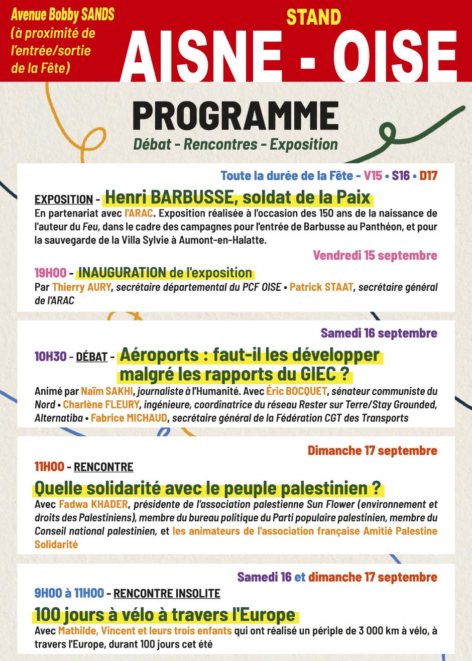 88e édition de la Fête de l'Humanité : au programme du stand Aisne-Oise - V15, S16 & D17 septembre 2023