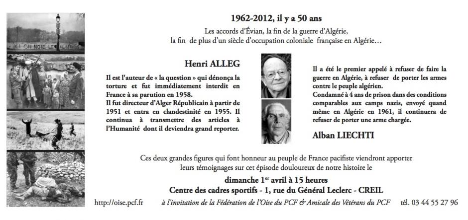 1er avril, Creil - 1962-2012, il y a 50 ans : la fin de la guerre d'Algérie - Invitation