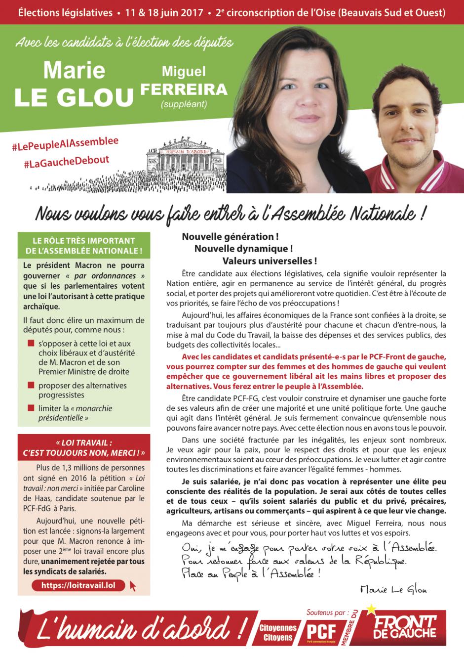 Profession de foi de Marie Le Glou et Miguel Ferreira - 2e circonscription de l'Oise, 11 juin 2017