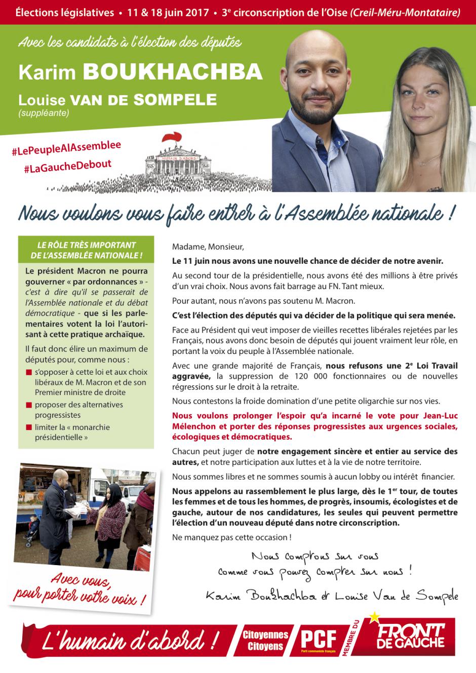 Profession de foi de Karim Boukhachba et Louise Van de Sompele - 3e circonscription de l'Oise, 11 juin 2017