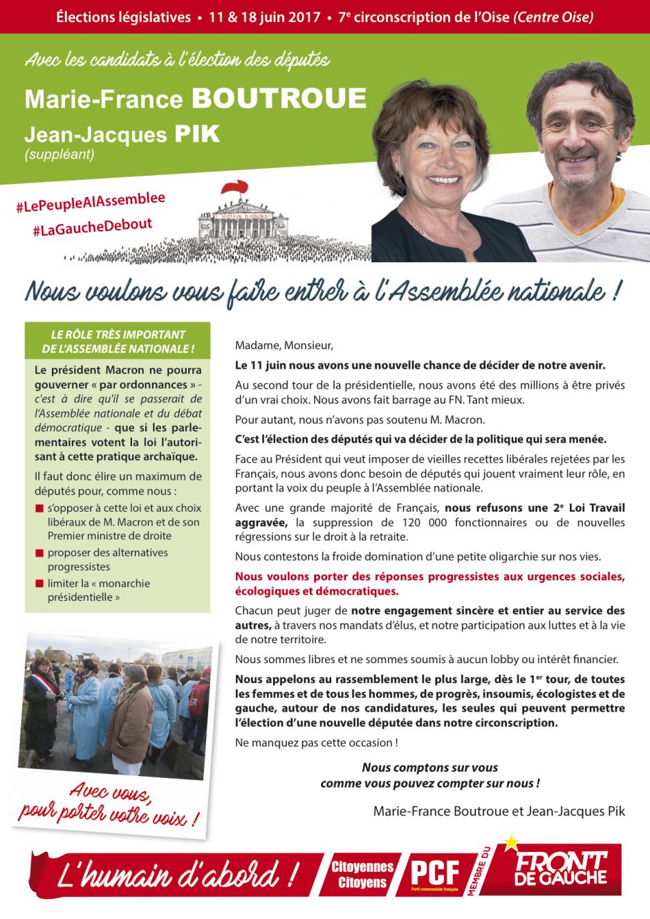Profession de foi de Marie-France Boutroue et Jean-Jacques Pik - 7e circonscription de l'Oise, 11 juin 2017