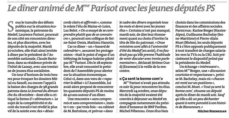 20121101-Le Monde-Le dîner animé de Mme Parisot avec les jeunes députés PS