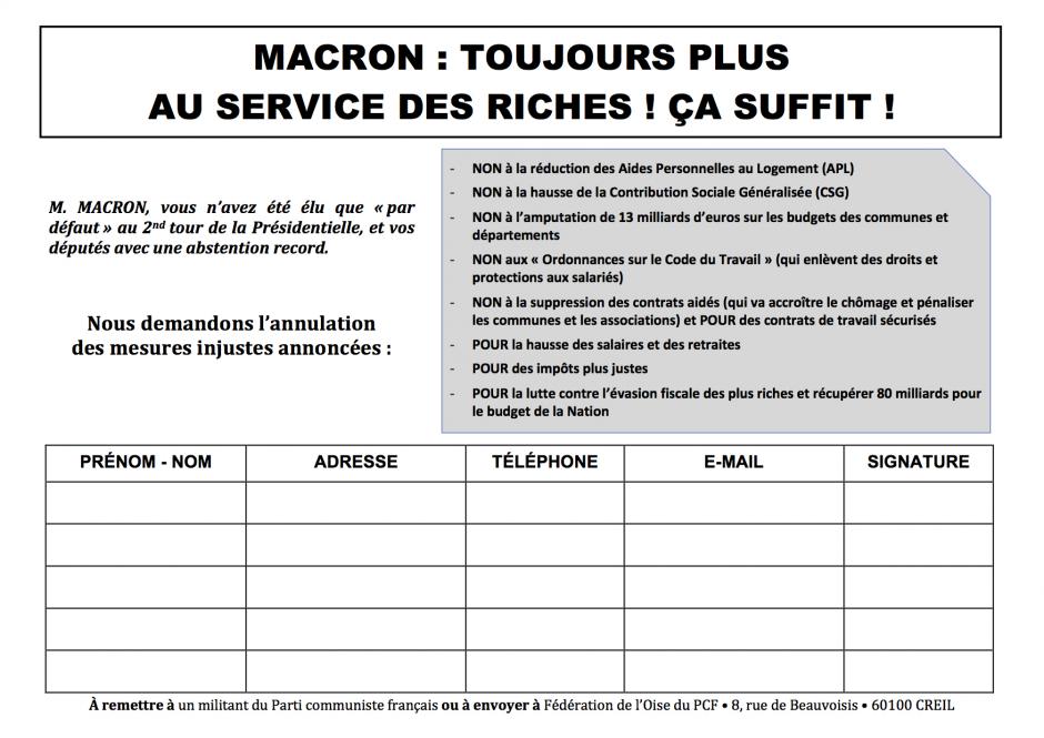Pétition « Macron : toujours plus au service des riches, ça suffit ! » - Oise Avenir, 30 août 2017