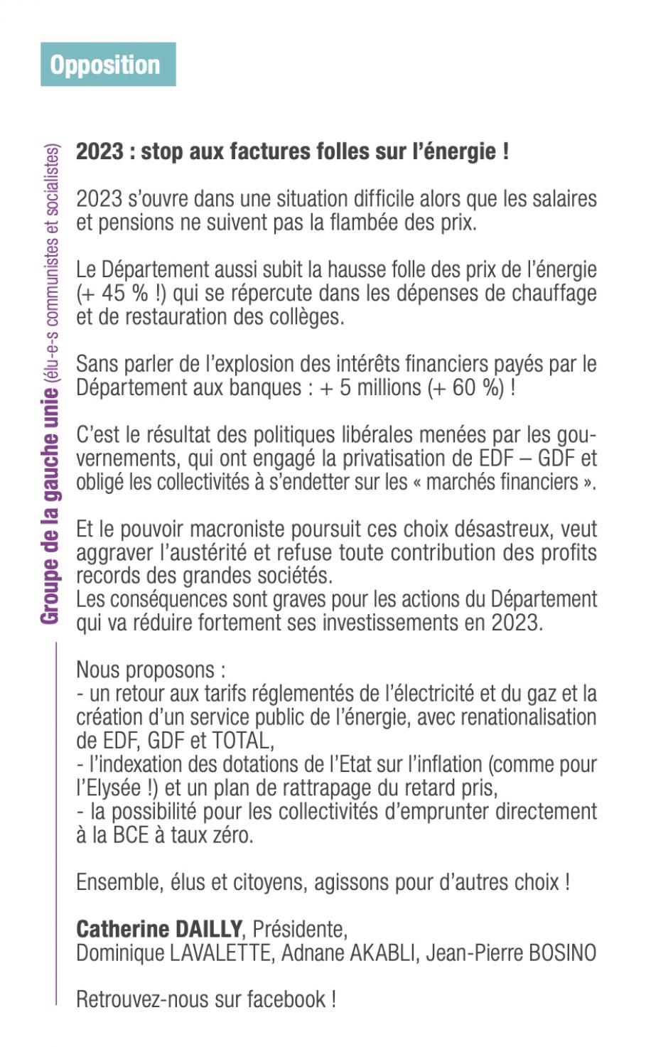 Expression politique du groupe de la gauche unie « 2023 : stop aux factures folles sur l'énergie ! » - Oise Magazine n° 26, janvier-mars 2023