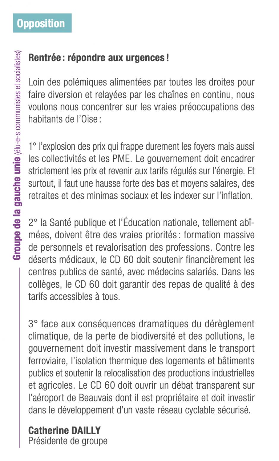 Expression politique du groupe de la gauche unie « Rentrée : répondre aux urgences » - Oise Magazine n° 29, octobre-décembre 2023