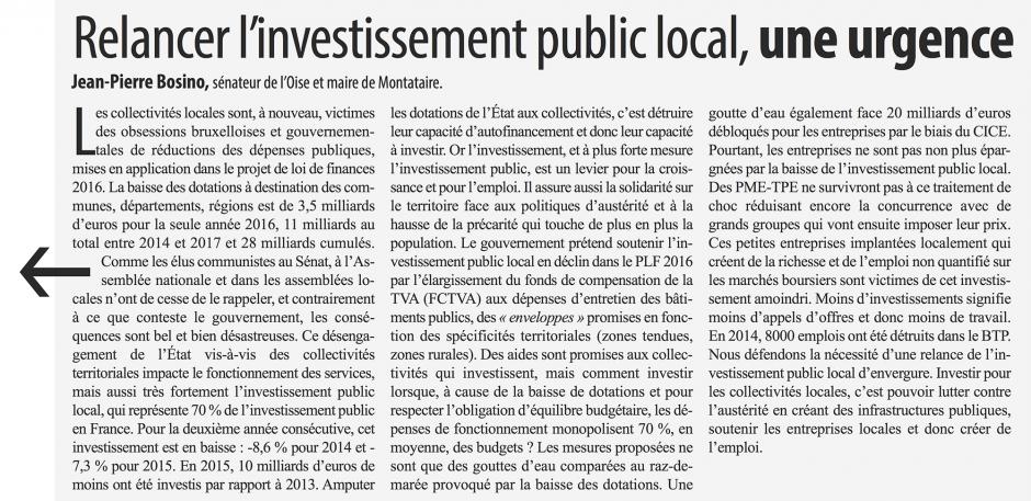 Jean-Pierre Bosino : « Relancer l'investissement public local, une urgence » - Initiatives n° 96, octobre 2015