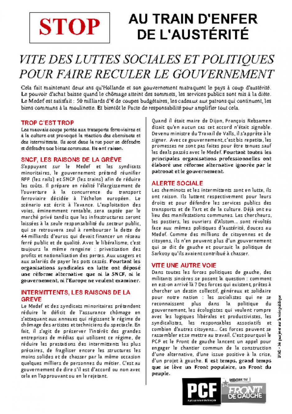 Tract « Stop au train d'enfer de l'austérité » - Section PCF de Montataire, 20 juin 2014