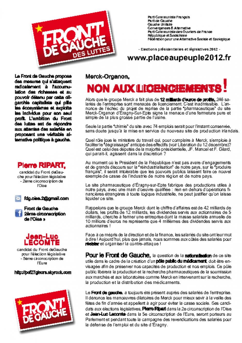 Tract d'invitation à l'assemblée citoyenne du Front de gauche - Sérifontaine, 10 janvier 2012